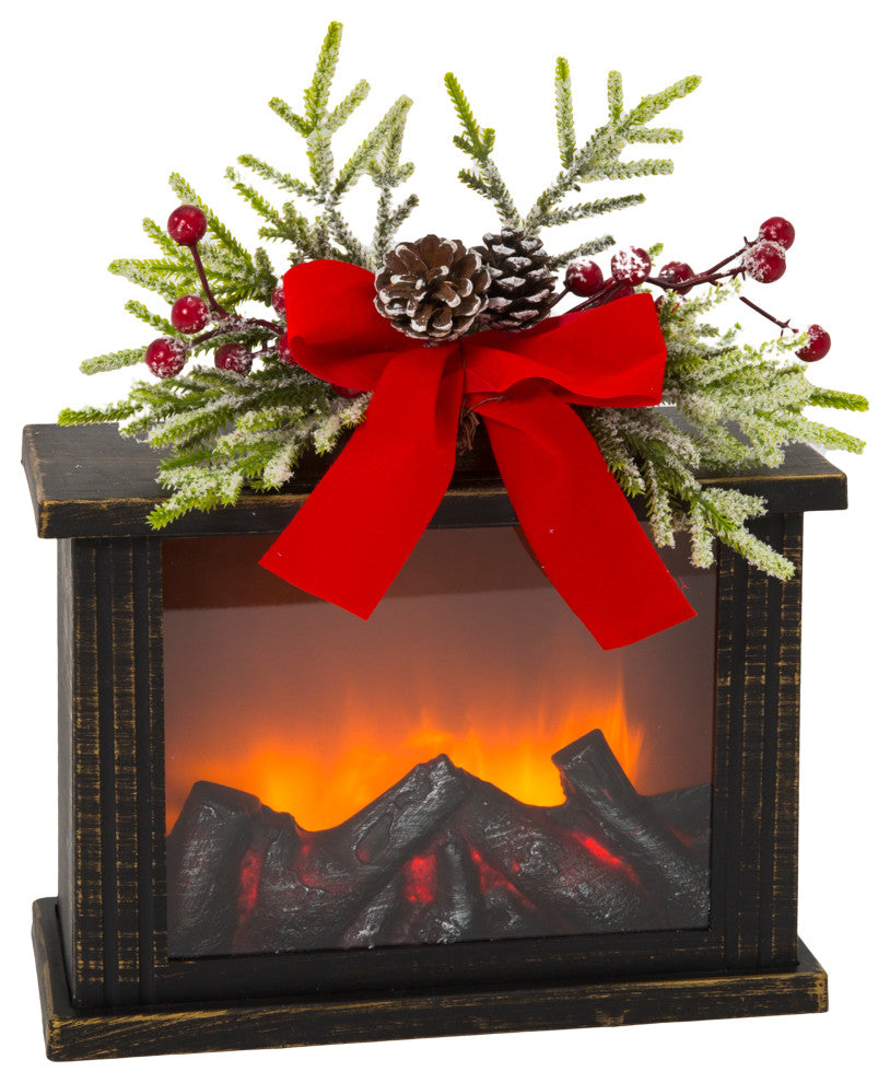 10.8" Lighted Fire Glow Lantern With Floral Accent