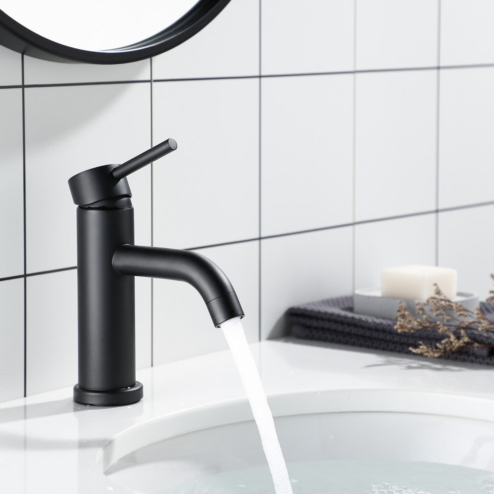 Single Hole Stainless Steel Bathroom Sink Faucet, Matte Black