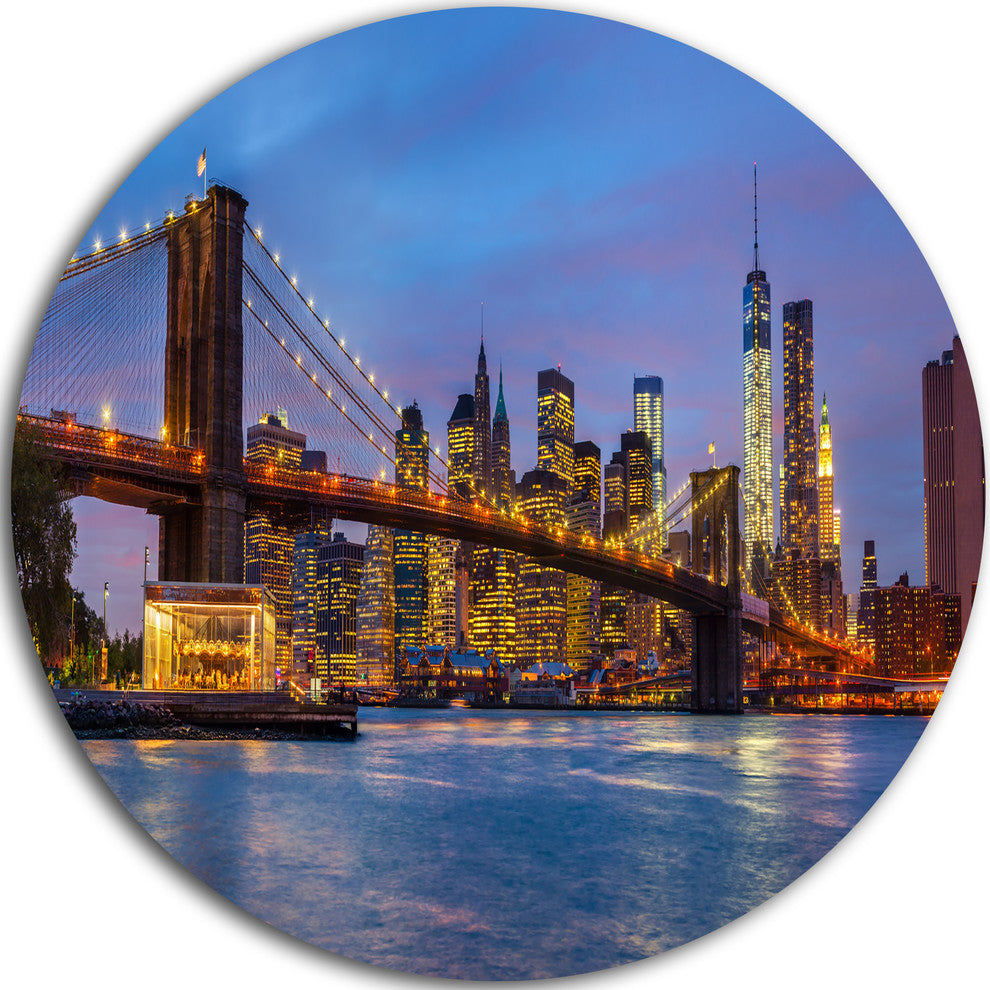 Brooklyn Bridge With Lights And Reflections, Disc Metal Artwork, 23"