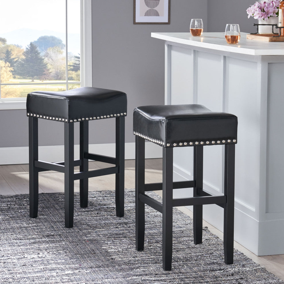 GDF Studio Chantal Backless Leather Stools, Set of 2, Black, Counter Height: 26"