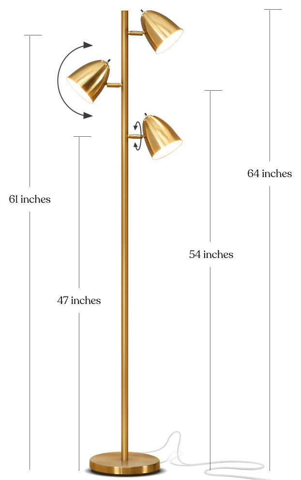 Brightech Jacob, LED Floor Lamp, Modern Adjustable 3 Light Tree, Brass