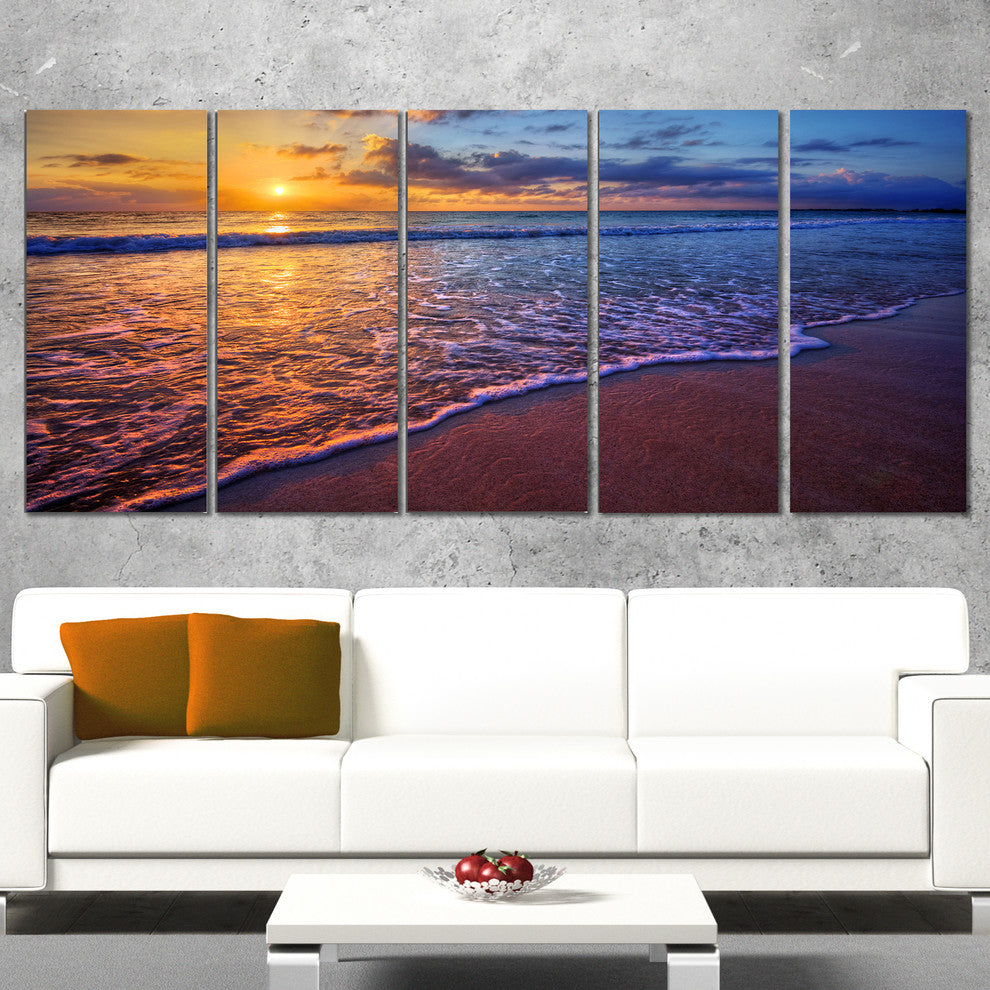 Sunset over Blue Seashore, Seashore Photo Canvas Art Print, 60"x28", 5 Panels