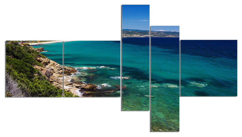 Beautiful Greek Beach of Sea, Seashore Canvas Art Print, 60"x32", 5 panels