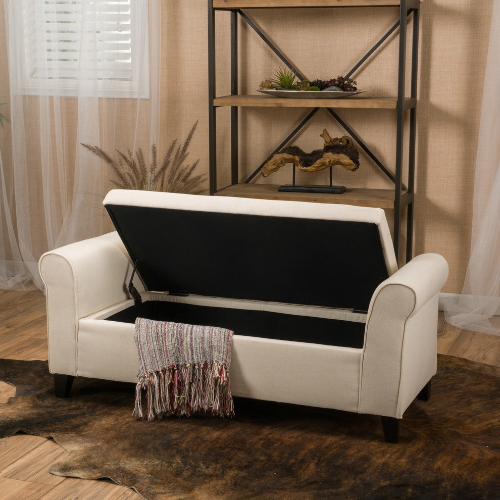 GDF Studio Hayes Contemporary Fabric Storage Ottoman Bench with Rolled Arms, Beige