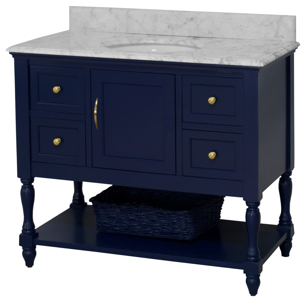 Beverly 42" Bathroom Vanity, Royal Blue, Carrara Marble