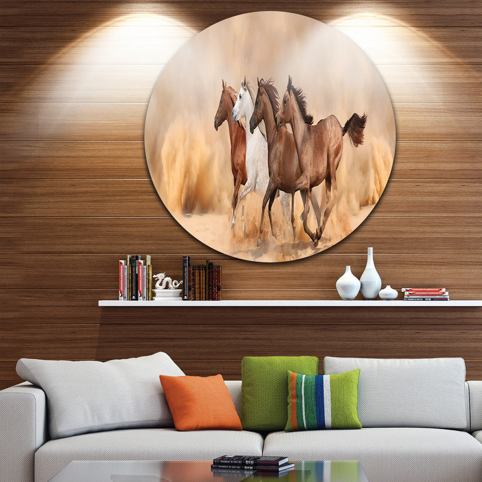 Herd Gallops In Sand Storm, Landscape Photo Round Metal Wall Art, 36"