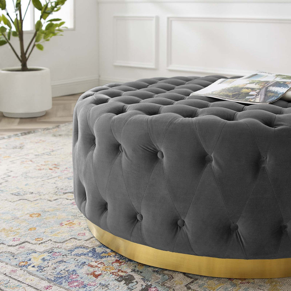 Tufted Accent Chair Ottoman, Round, Velvet, Gray, Modern, Lounge