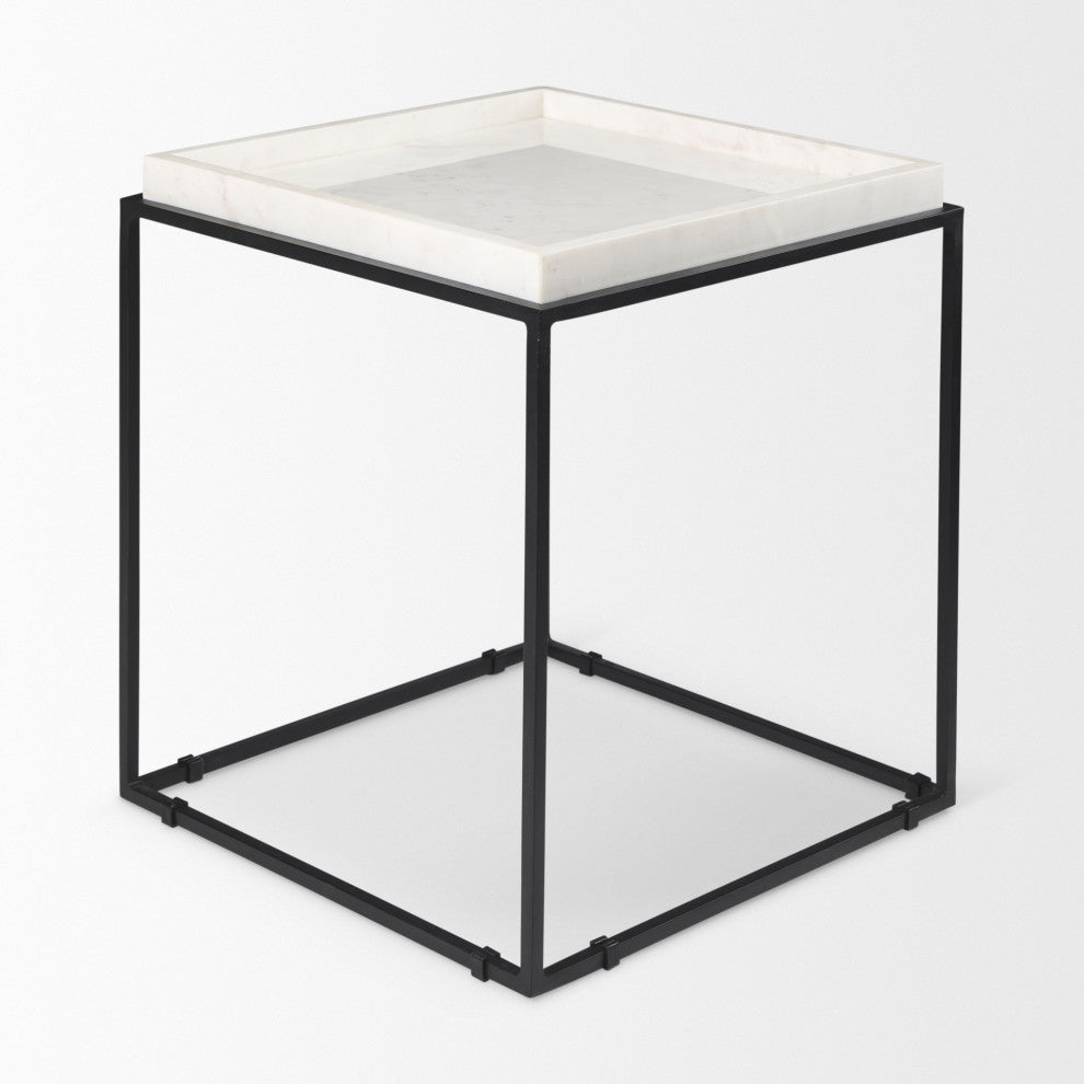Nathan II 18"x20" Square Top White Marble and Black Metal End/Side Table