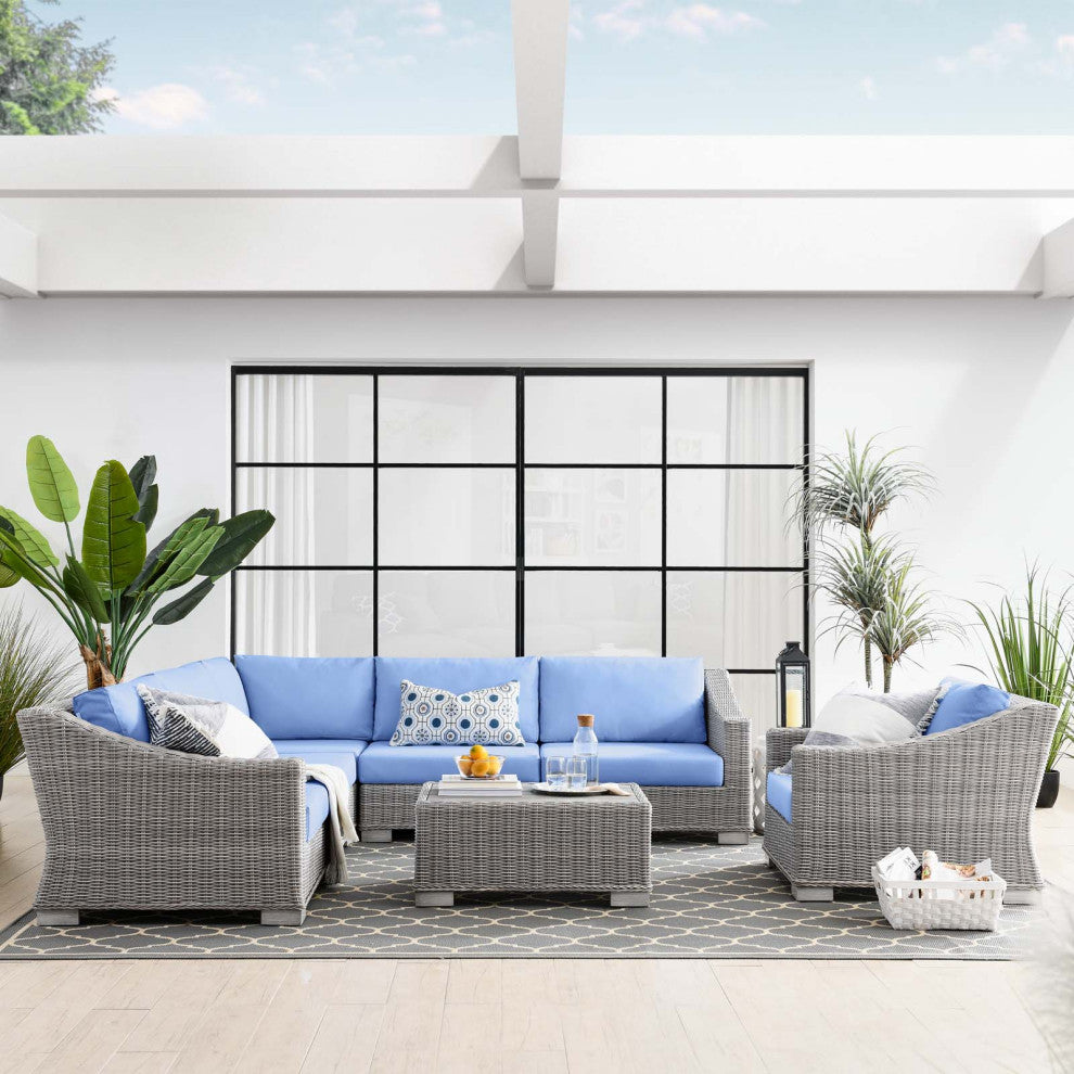 Lounge Sectional Sofa Chair Table Set, Rattan, Wicker, Gray Blue, Outdoor