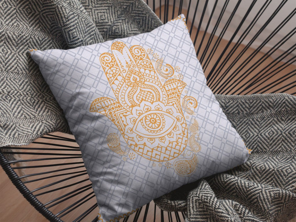 18 Gold Gray Hamsa Boho Suede Throw Pillow