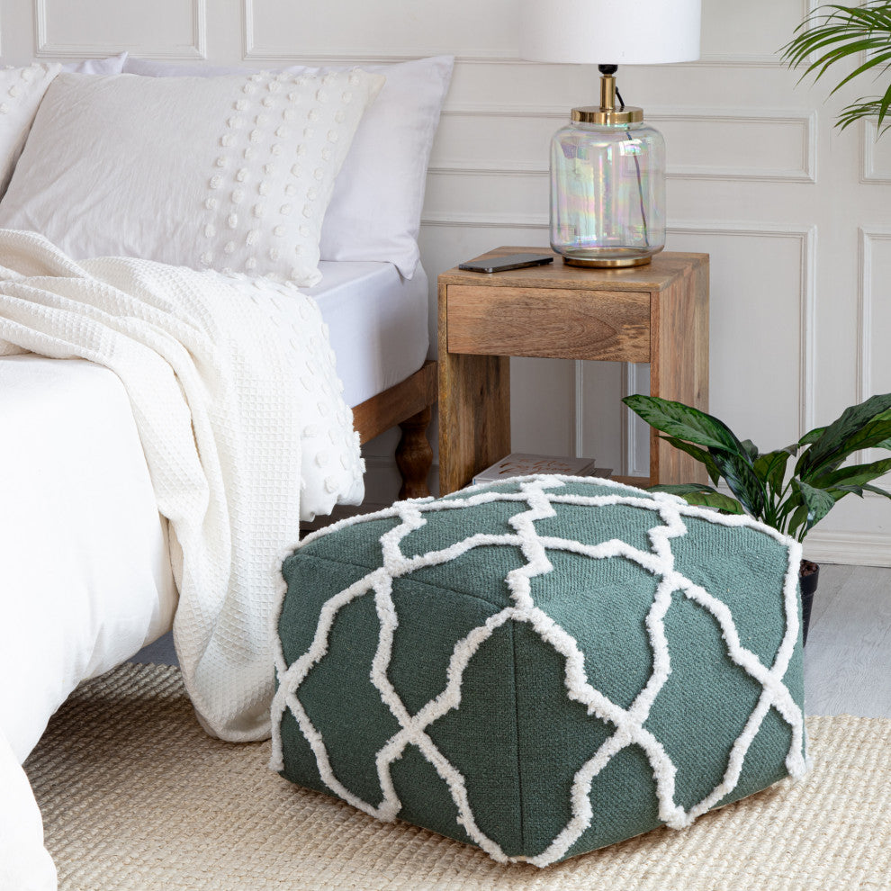 Forest Trail 22" x 22" x 16" Green and Ivory Pouf