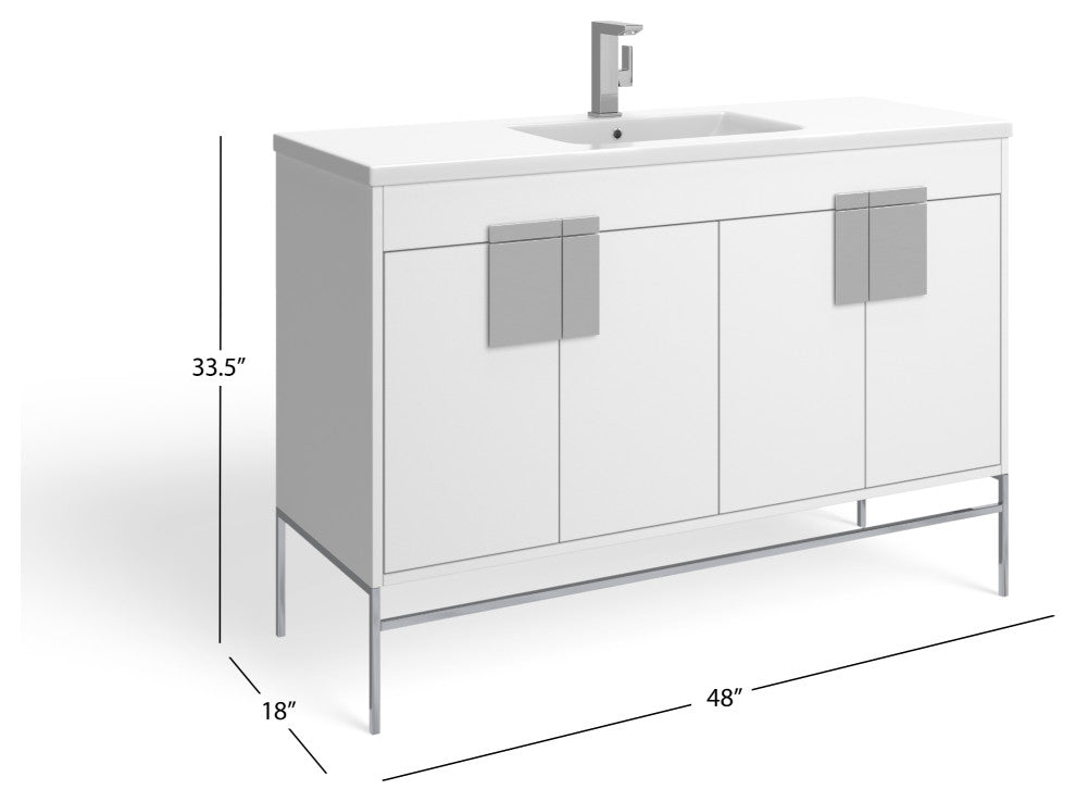 Lockhart Bath Vanity, White, 48", Polished Chrome Hardware, Single Sink, Freestanding