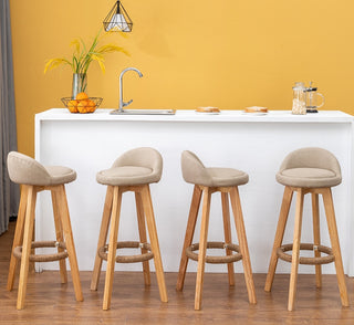Retro-Styled Rotating High Bar Stool Made of Solid Wood, Beige, Linen