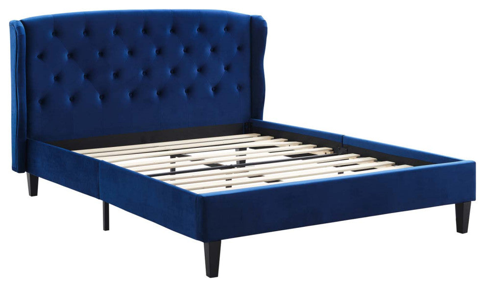 Penelope Tufted Wingback Queen Performance Velvet Platform Bed-Navy