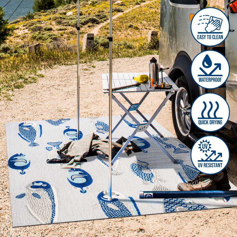 Algarve Modern Fish High-Low Indoor/Outdoor Area Rug, Gray/Navy, 5 X 8