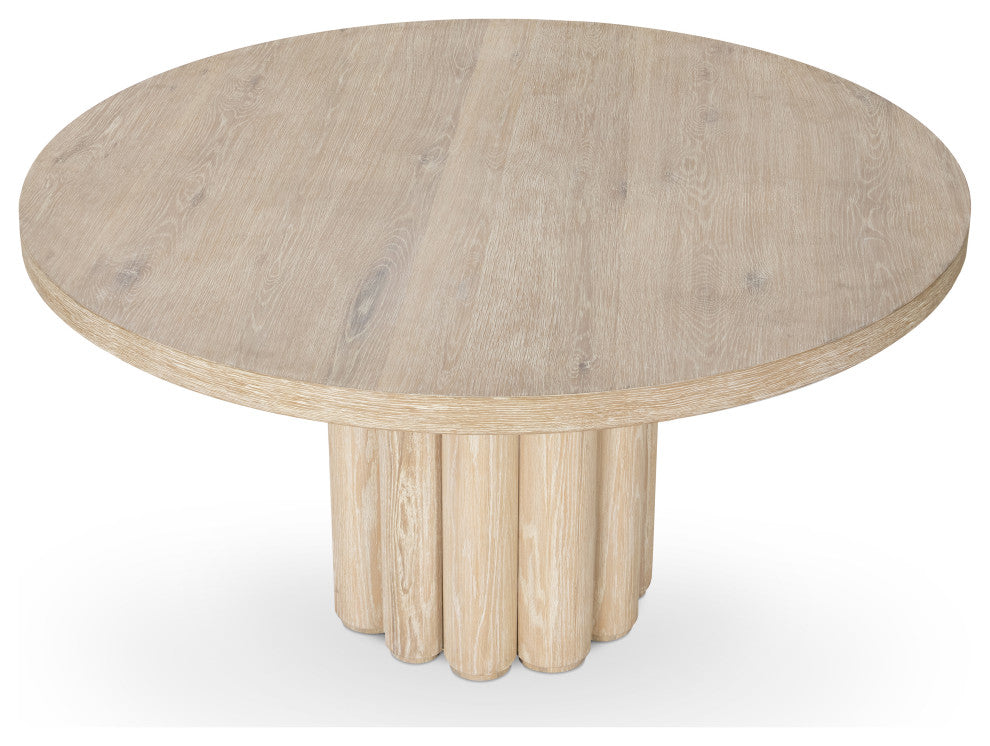 Tiber Oak Wood Round Dining Table, 55", Whitewash