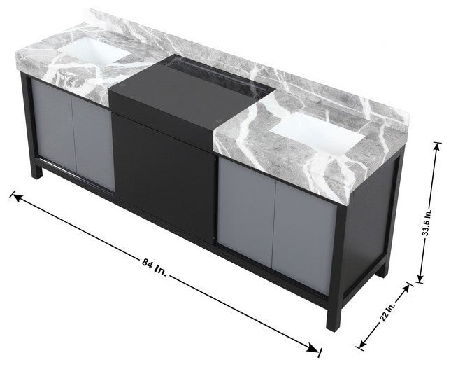 Zilara 84" Black and Grey Double Vanity, Castle Grey Marble Tops