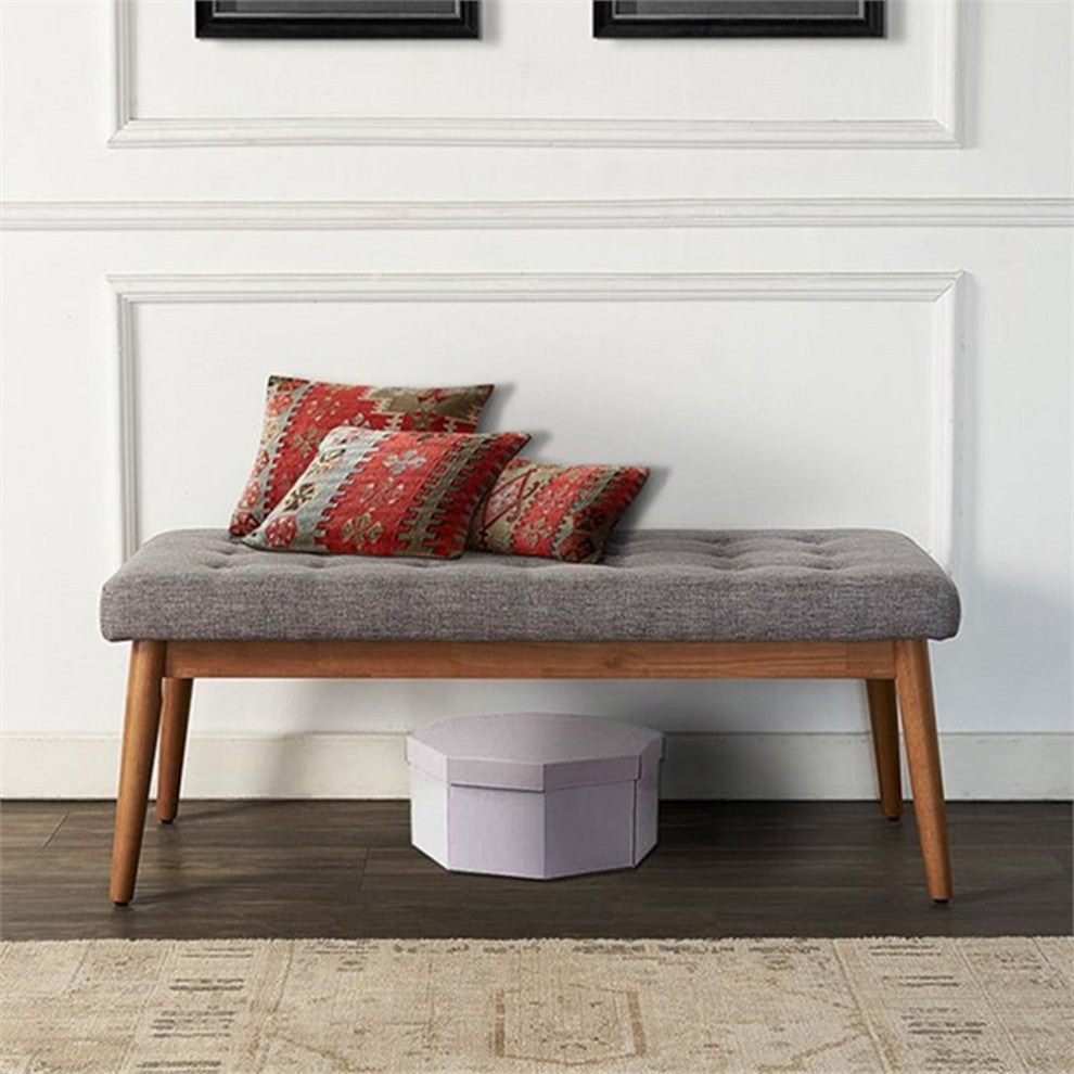 Bowery Hill 16.88" Wood/Fabric Tufted Entryway Bench in Acorn Brown/Gray