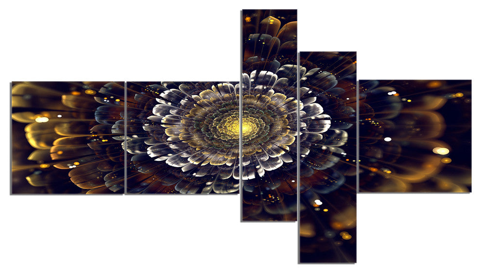 Yellow Fractal Flowers with Violet, Abstract Print On Canvas, 60"x32", 5 panels