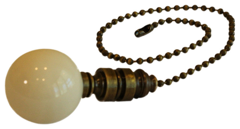 Ceramic 35mm Ivory Ball Ceiling Fan Pull, 2"h with 12" Antiqued Brass Chain