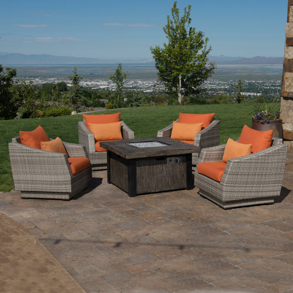 Cannes 5 Piece Sunbrella Outdoor Patio Fire Chat Set, Orange
