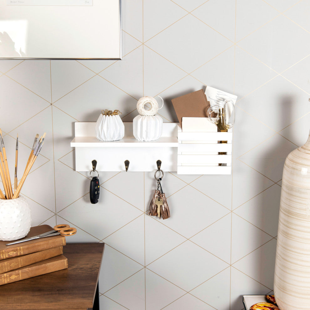 Danya B. Utility Shelf With Pocket and Hanging Hooks, White