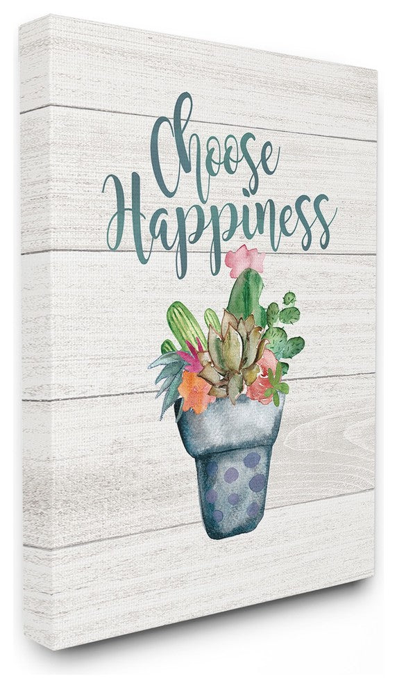 Choose Happiness Cactus Succulents Watercolor Canvas Wall Art, 24"x30"
