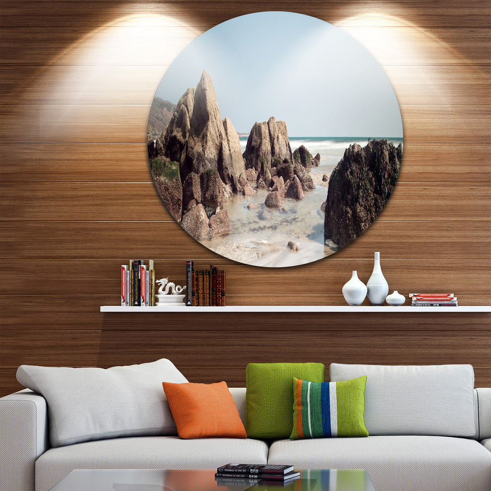 Rocks At Coast Panorama, Seashore Large Disc Metal Wall Art, 11"