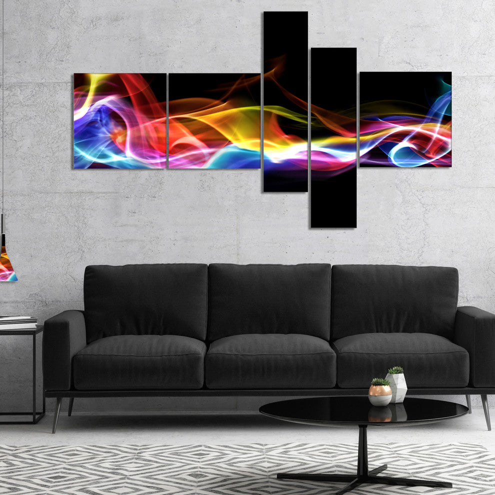 Blue Yellow Waves in Black, Abstract Canvas art print, 60"x32", 5 panels