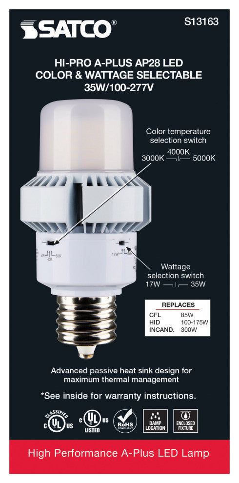 35W, A-Plus 28, LED, CCT Selectable andWage Selectable, Extended Mogul Base