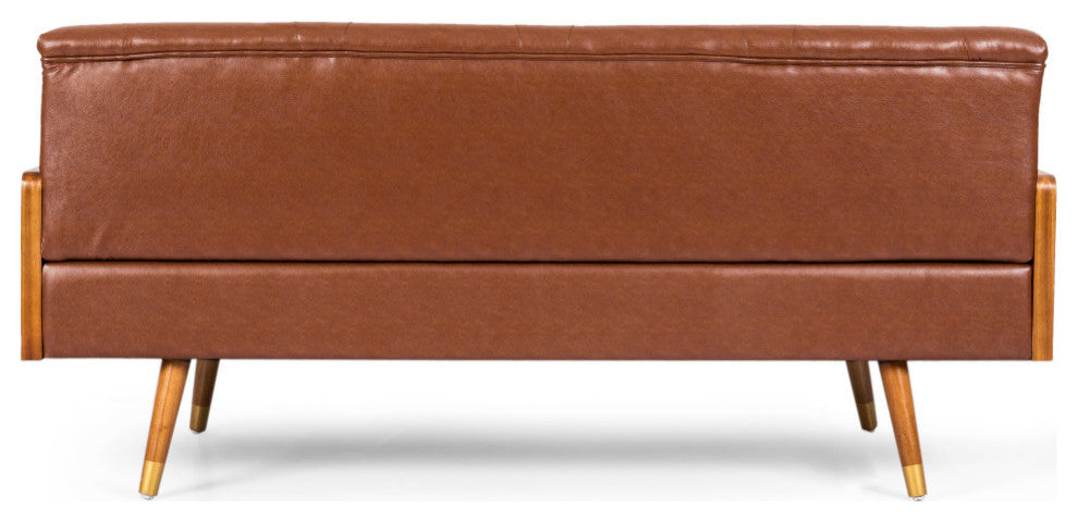 Neil Tufted Sofa With Rolled Accent Pillows, Cognac Brown, Dark Walnut, Gold