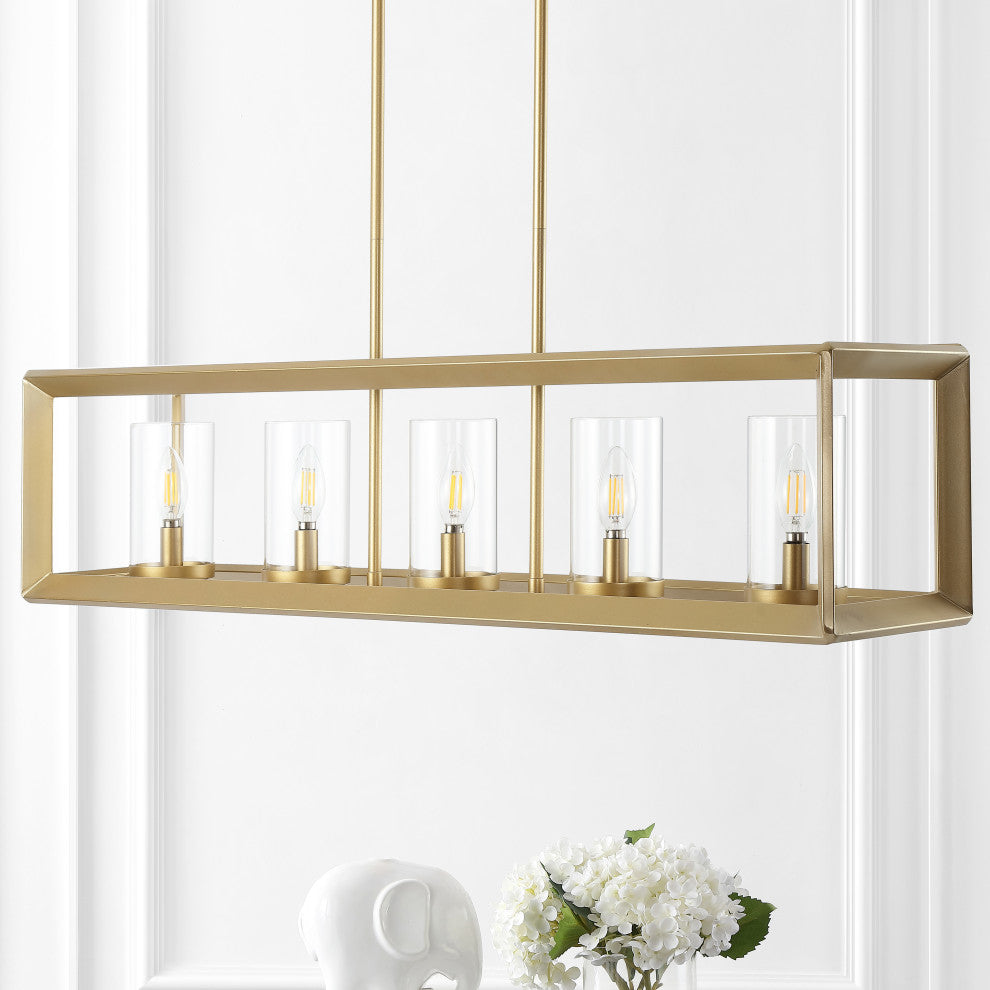 Anna 38.5" Linear 5-light Metal/Glass LED Pendant, Brass Gold