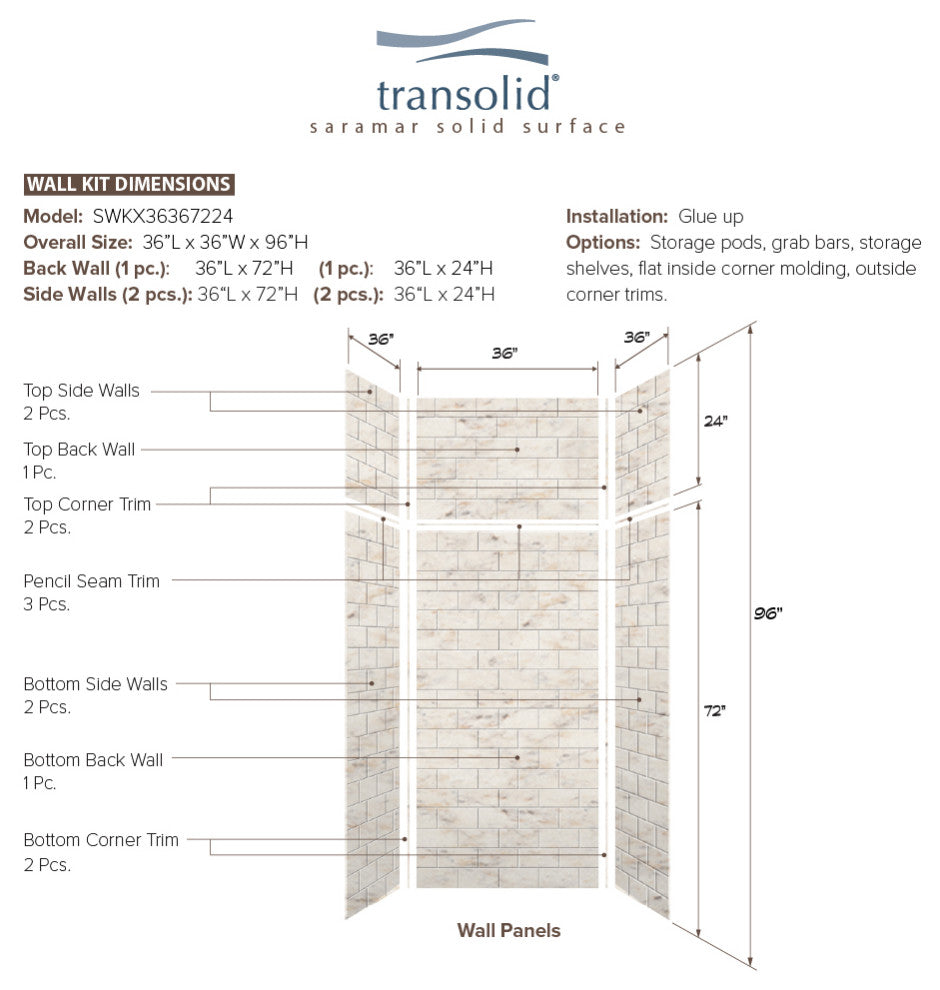 Transolid SaraMar 36"x36"x96" 6-Piece Shower Wall Kit, Biscotti Marble