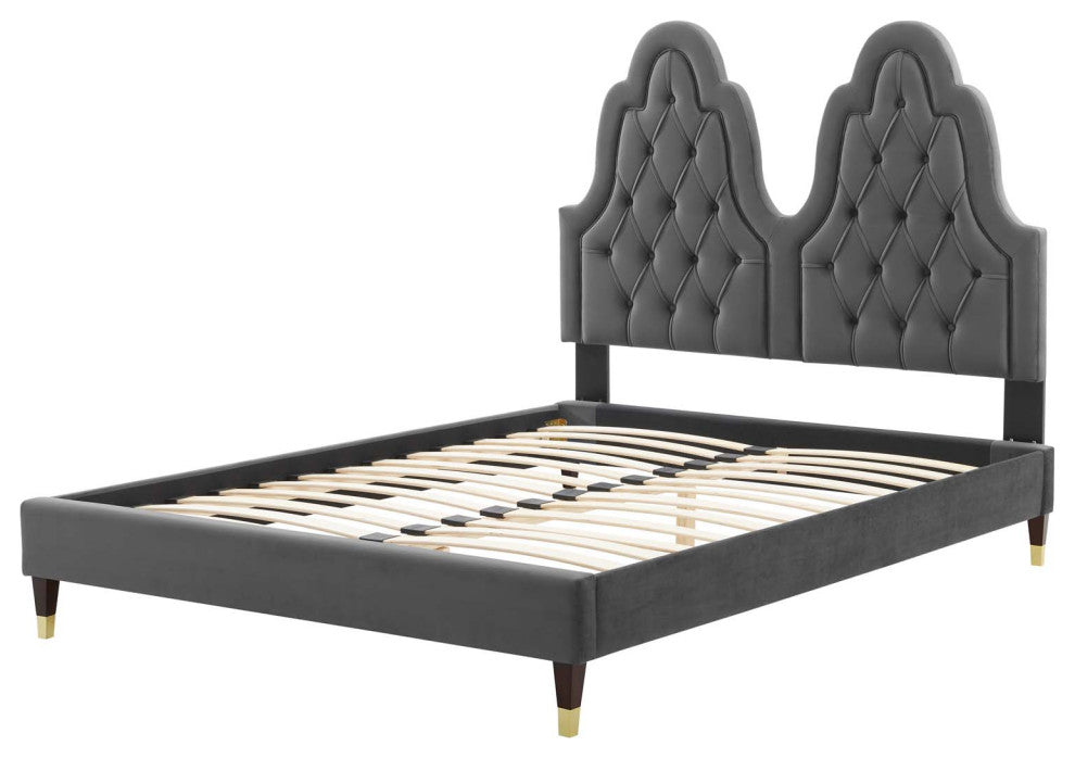 Tufted Platform Bed Frame, King Size, Velvet, Gray, Modern Contemporary