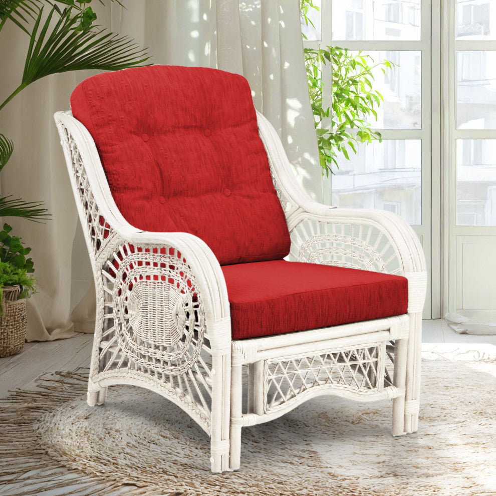 Malibu Lounge Armchair, Natural Rattan Wicker, White, Red Cushions