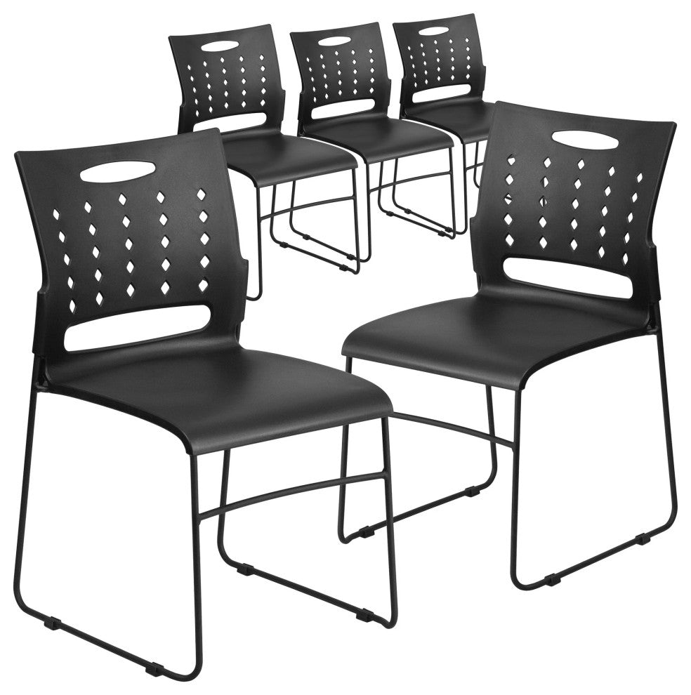Set of 5 Multipurpose Stack Chair, Contoured Seat With Perforated Back, Black