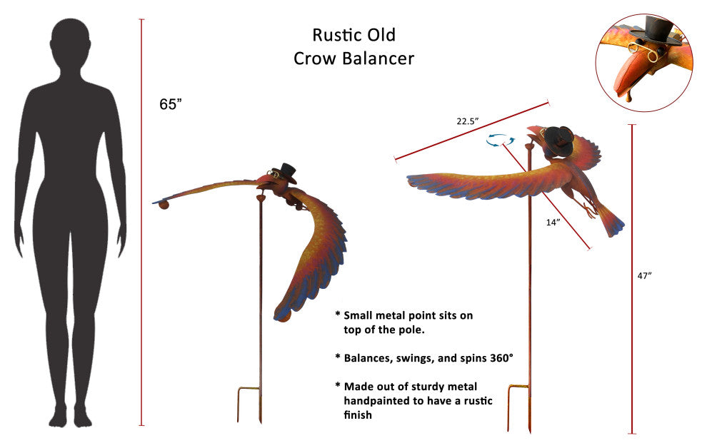 Rustic Metal Balancing Old Crow Garden Stake Outdoor Patio Yard Art