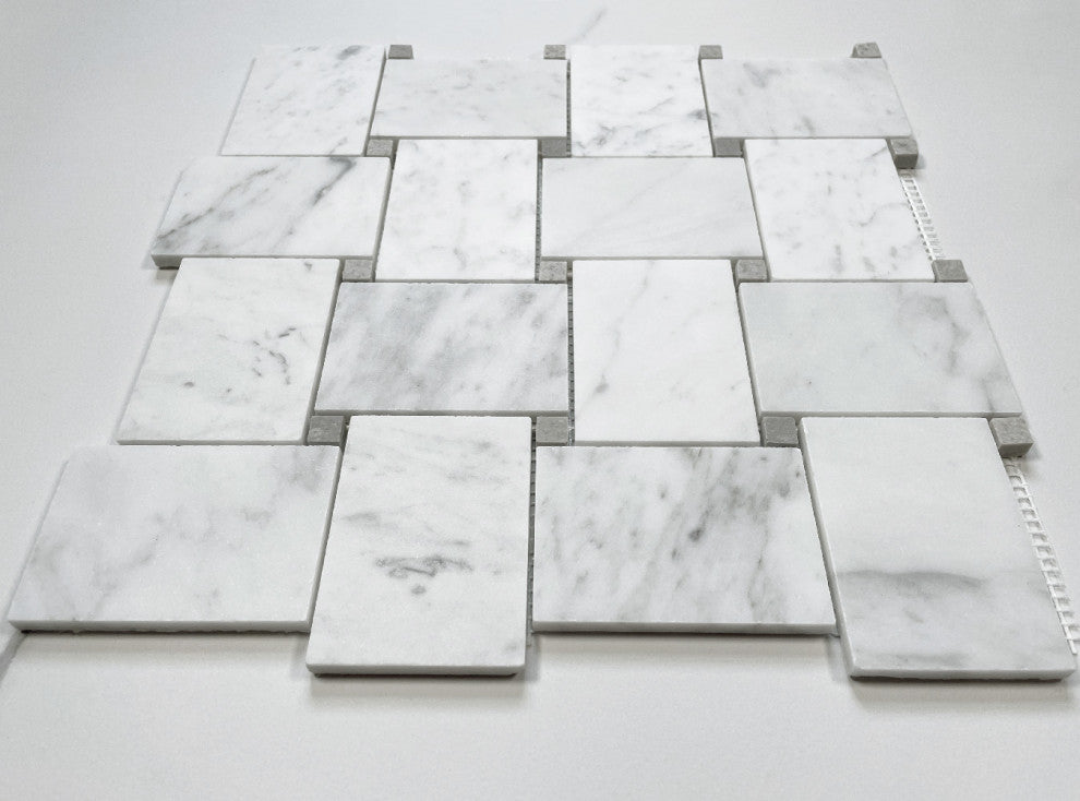 Carrara Marble Wide Basketweave Mosaic Tile Gray Dots Carrera Honed, 1 sheet