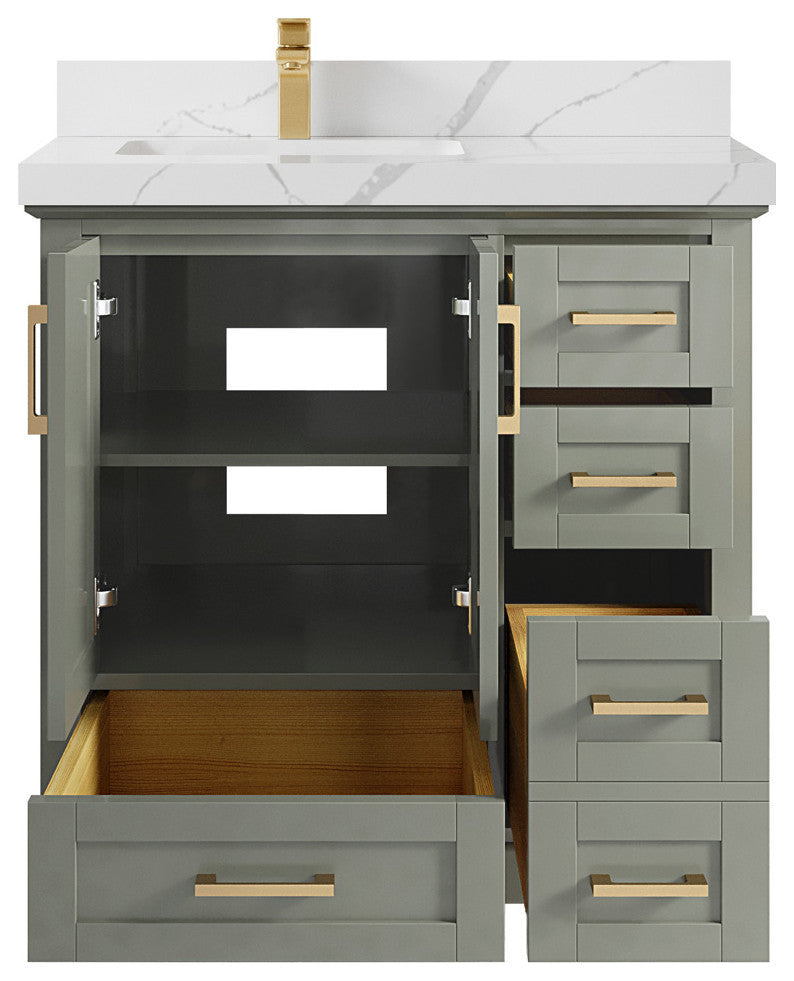 Boston 36 Left Offset Bath Vanity in Evergreen 2" Calacatta Laza