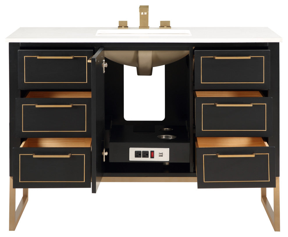 Markham 48" Bathroom Vanity, Midnight Black/Satin Brass, 48", Quartz Countertop