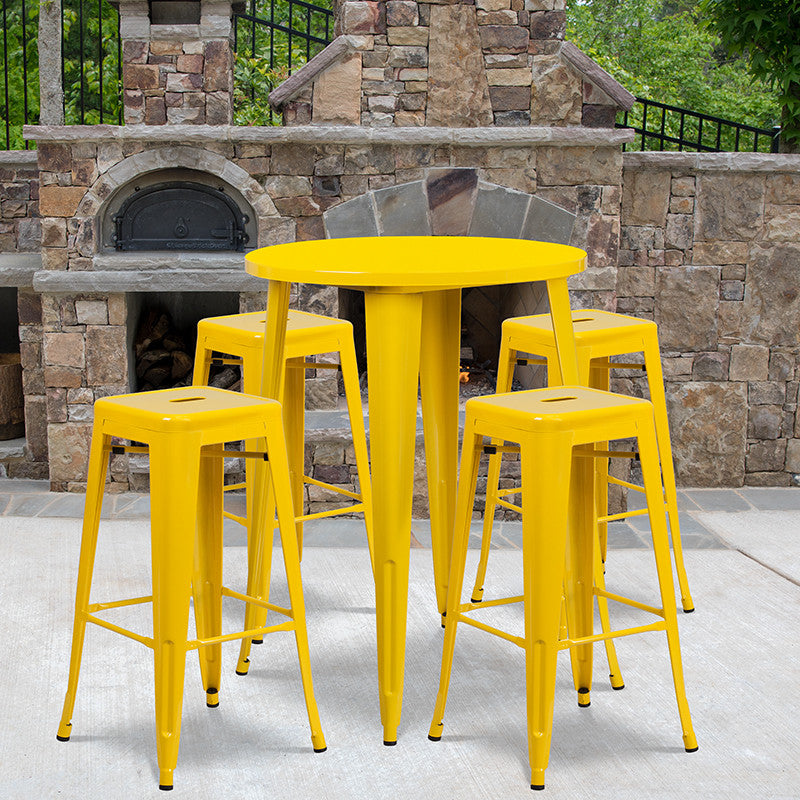 30" Round Yellow Metal Bar 5-Piece Table Set With 4 Square Seat Backless Stools