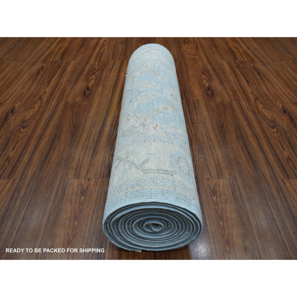 Hand Knotted Denim Blue Washed Out Peshawar Afghan Wool XL Runner Rug, 2'9"x15'