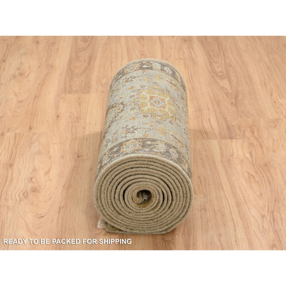 Gray/Brown Medallions Hand Knotted Karjihooz Pure Wool Runner Rug, 2'6"x21'10"
