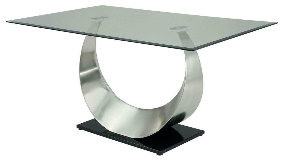 Benzara BM209533 Metal & Glass Dining Table With U Shape Base, Chrome & Black