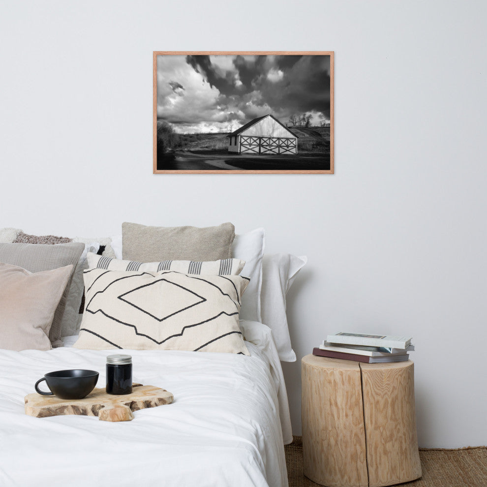 Aging Barn Morning Sun in Black and White Framed Photo Paper Wall Art Prints, Red Oak, 24" X 36"