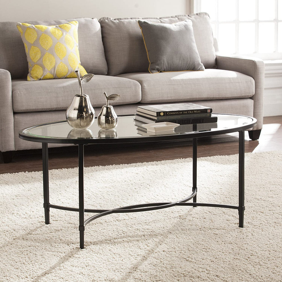Transitional Coffee Table, Scrollworked Metal Base With Beveled Glass Top, Black