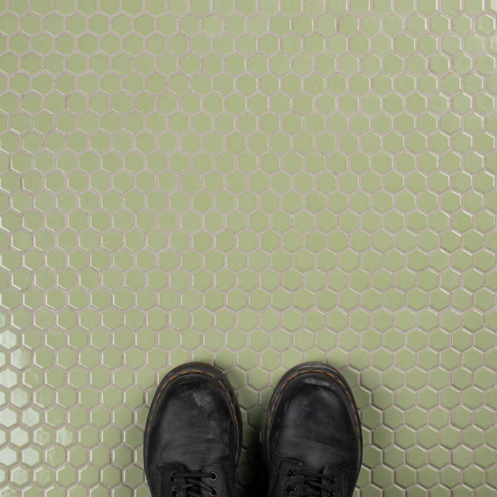 Metro 1" Hex Porcelain Mosaic Floor and Wall Tile, Glossy Olive