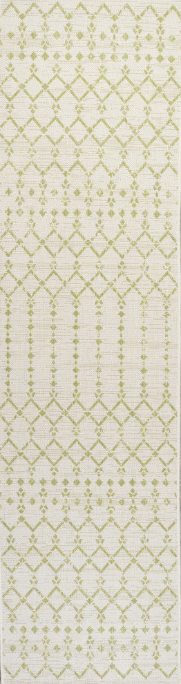 Ourika Moroccan Geometric Indoor/Outdoor Rug, Cream/Green, 2x10