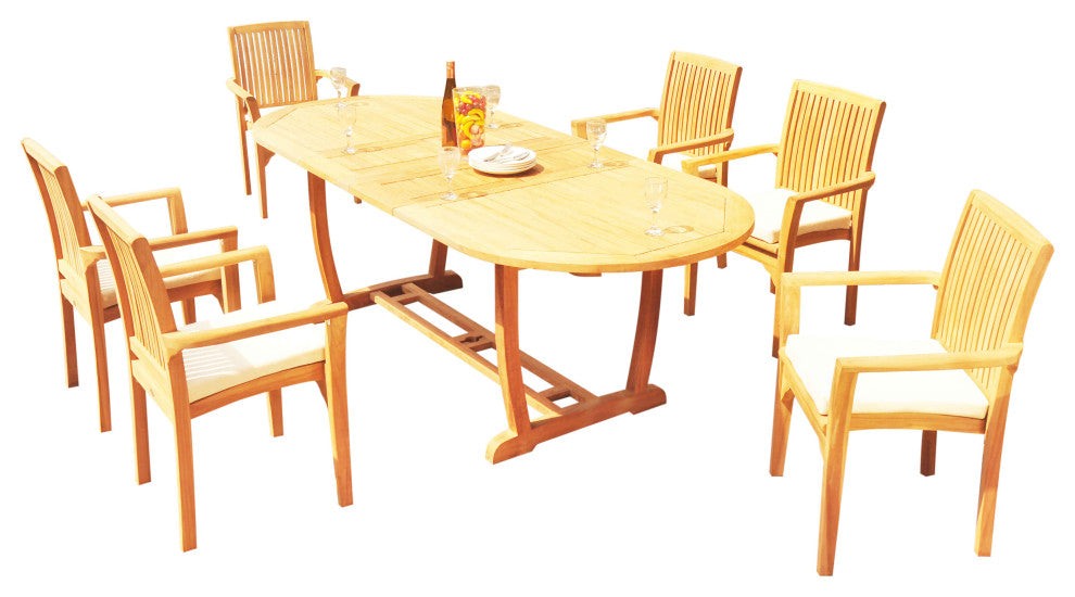 7-Piece Outdoor Teak Dining Set: 94" Masc Oval Table, 6 Lua Stacking Arm Chairs