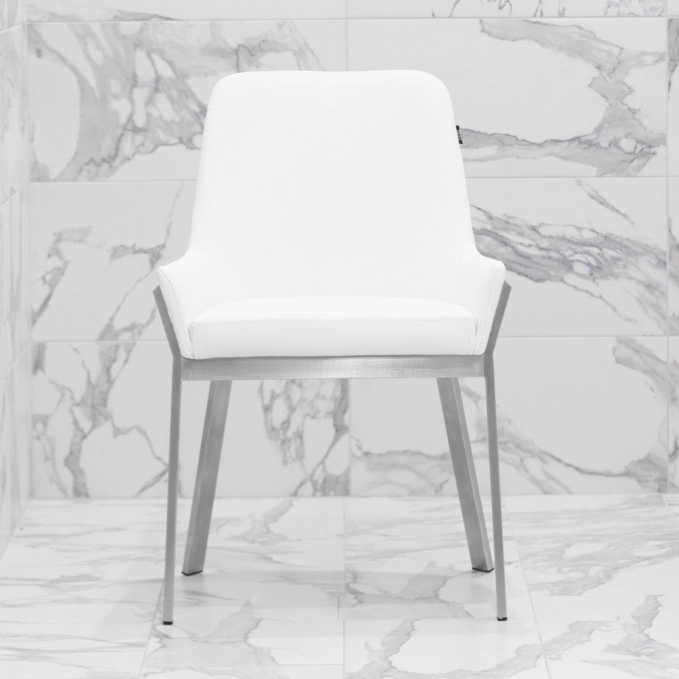 Sydney Leatherette Dining Chair With Brushed Stainless Steel Legs, White